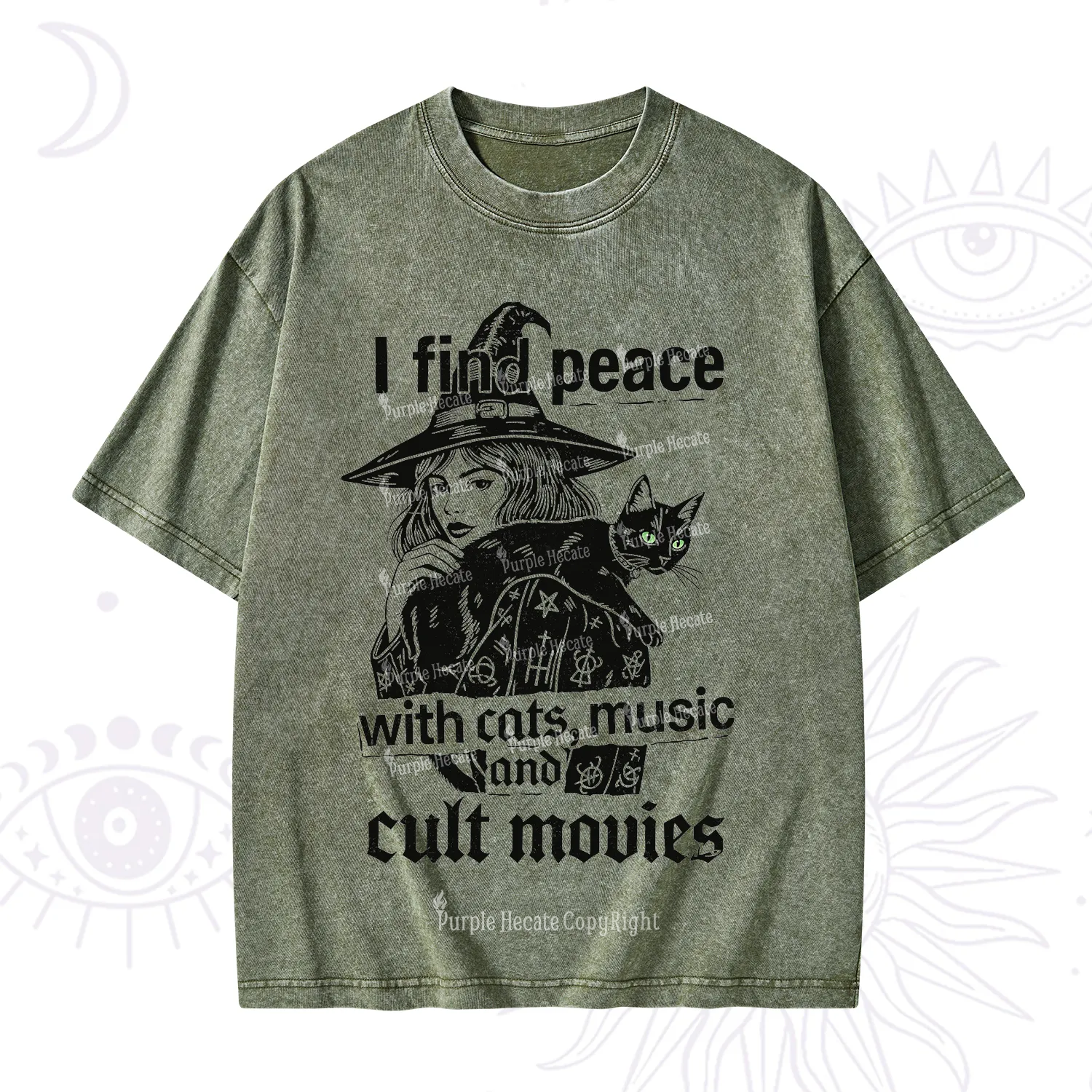 Purplehecate I Find Peace With Cats Music Cult Movies Washed T-Shirt