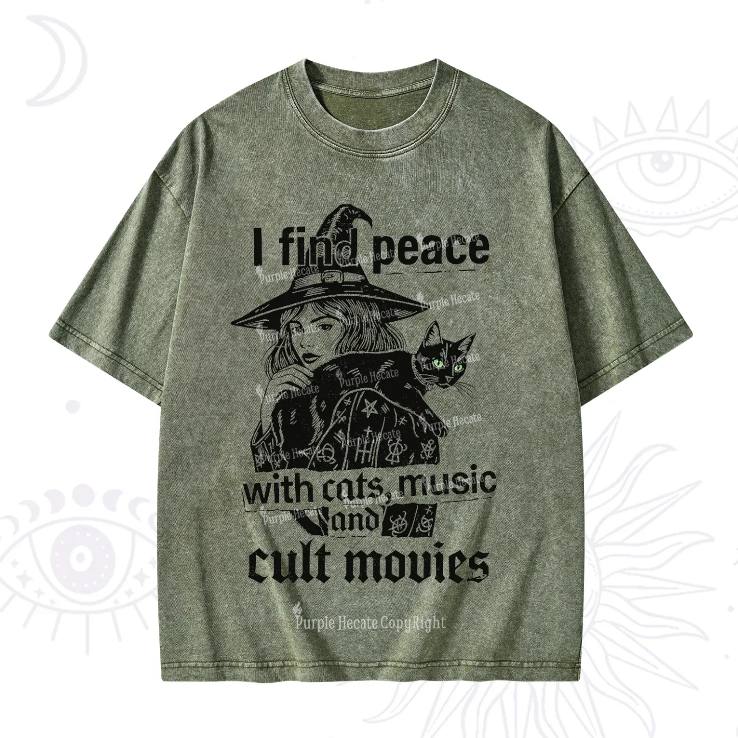 Purplehecate I Find Peace With Cats Music Cult Movies Washed T-Shirt