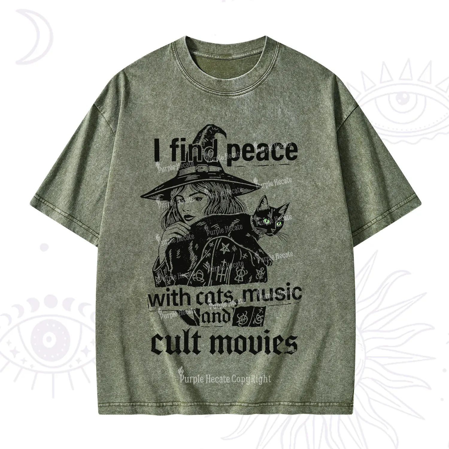Purplehecate I Find Peace With Cats Music Cult Movies Washed T-Shirt