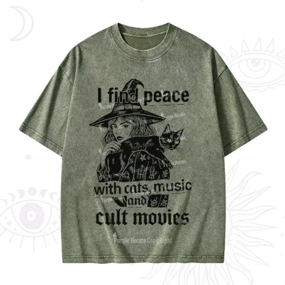 Purplehecate I Find Peace With Cats Music Cult Movies Washed T-Shirt