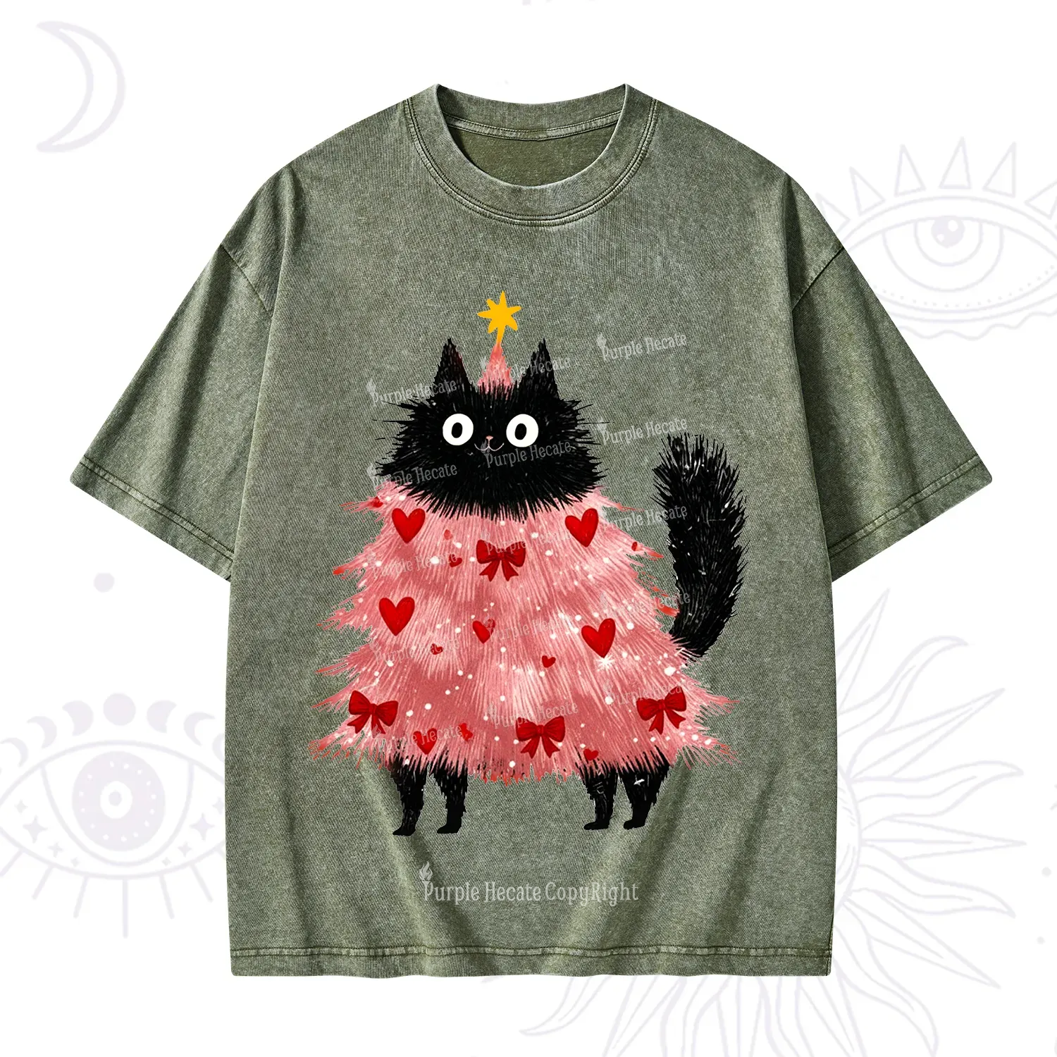 Purplehecate Funny Black Cat in Tree Valentine Washed T-Shirt