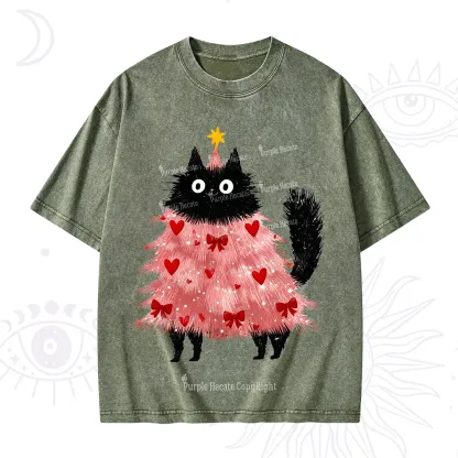 Purplehecate Funny Black Cat in Tree Valentine Washed T-Shirt