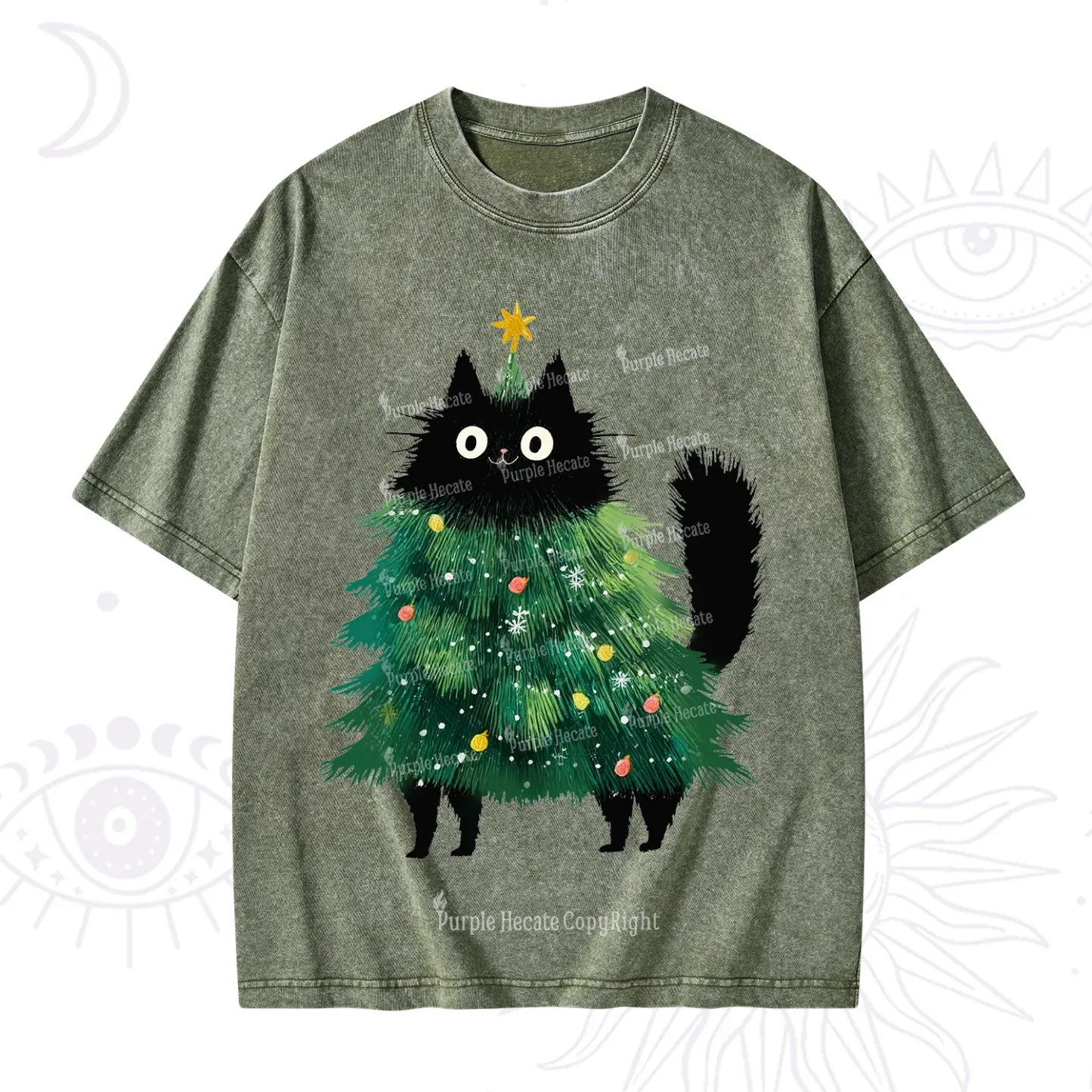 Purplehecate Black Cats Christmas Tree Christmas Washed T-Shirt