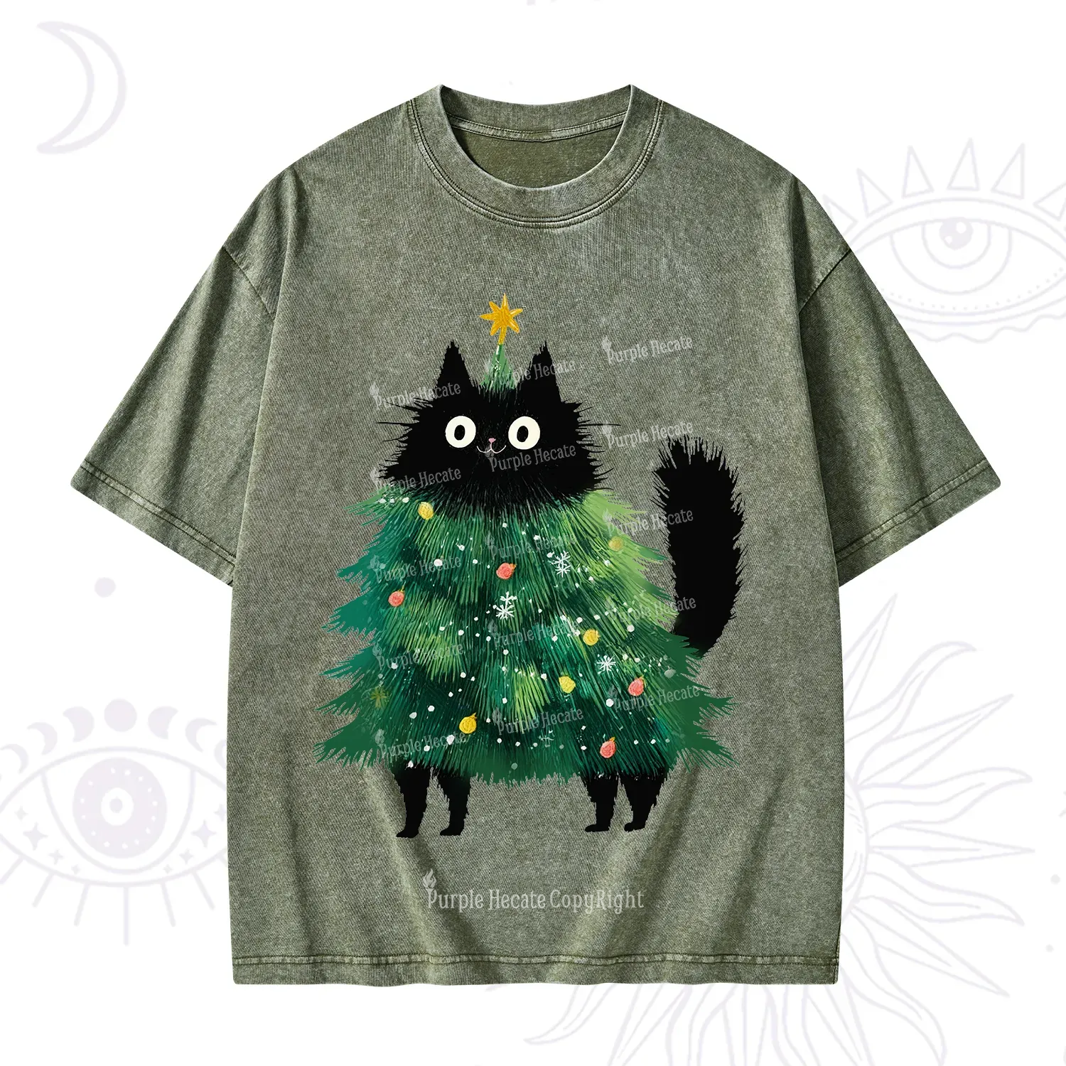 Purplehecate Black Cats Christmas Tree Christmas Washed T-Shirt