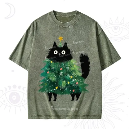 Purplehecate Black Cats Christmas Tree Christmas Washed T-Shirt