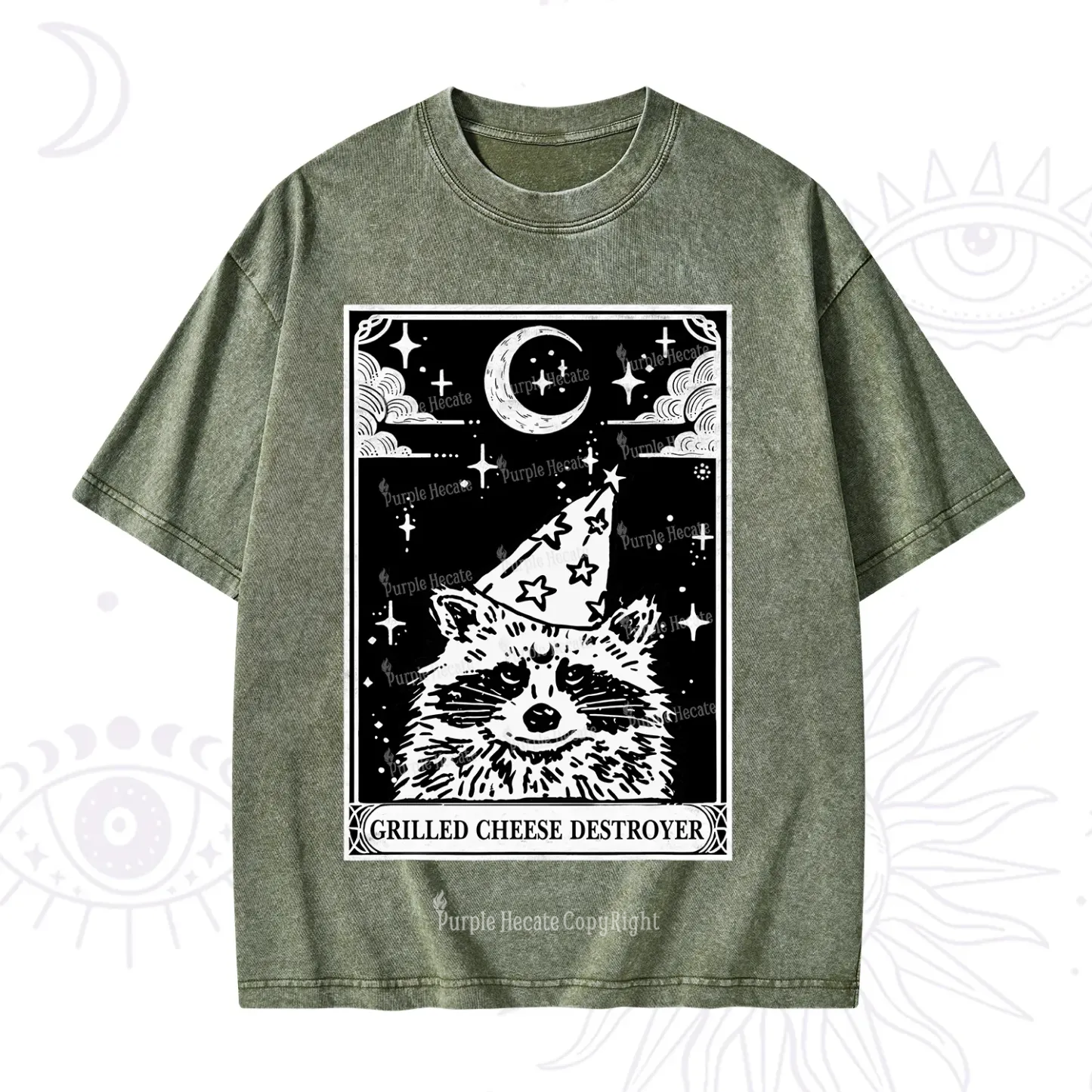 Purplehecate The Grilled Cheese Destroyer Tarot Raccoon Washed T-Shirt