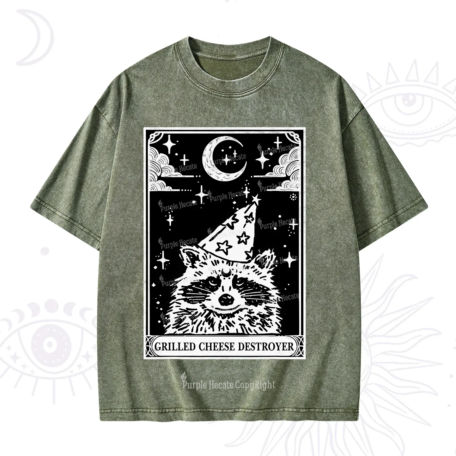 Purplehecate The Grilled Cheese Destroyer Tarot Raccoon Washed T-Shirt