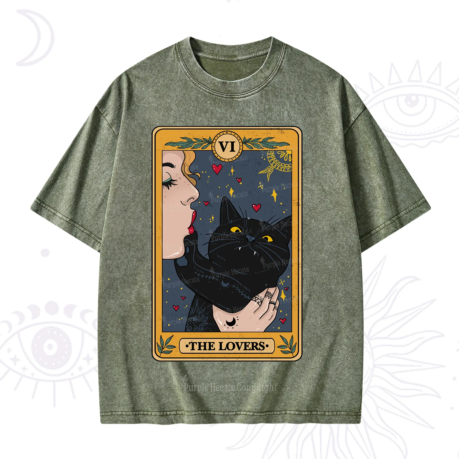 Purplehecate The Lovers Cat Tarot Washed T-Shirt