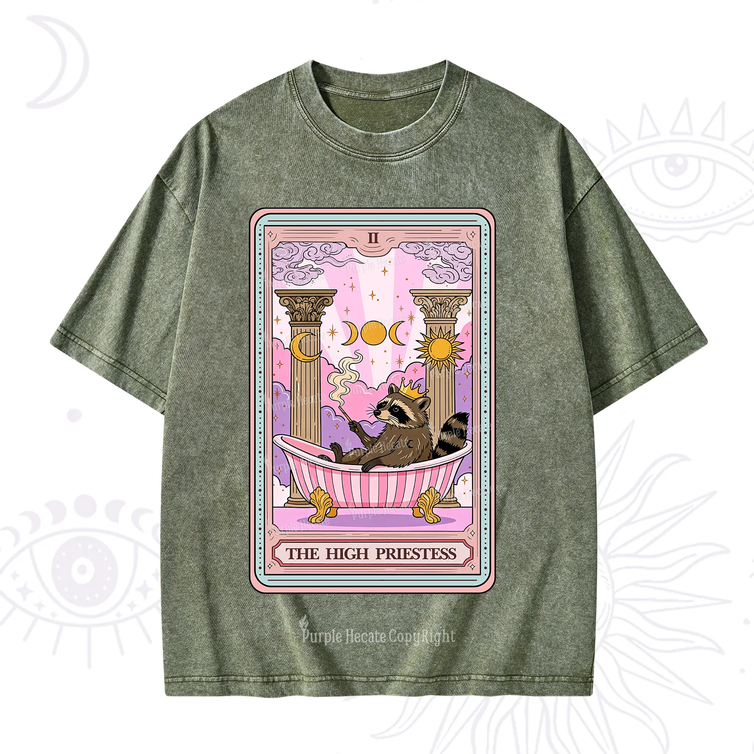 Purplehecate The High Priestess Raccoon Tarot Washed T-Shirt