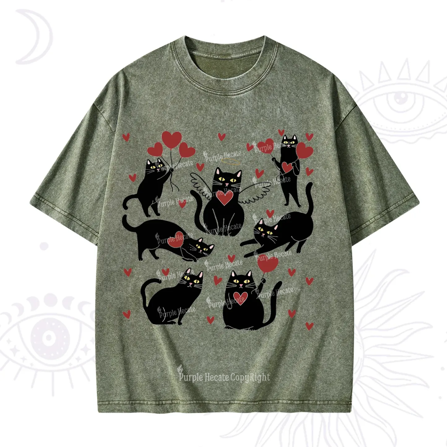 Purplehecate Meowy Valentine's Romantic Cat Valentine Washed T-Shirt