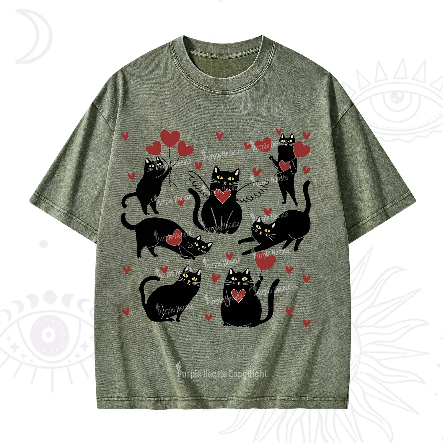 Purplehecate Meowy Valentine's Romantic Cat Valentine Washed T-Shirt