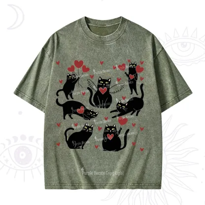 Purplehecate Meowy Valentine's Romantic Cat Valentine Washed T-Shirt