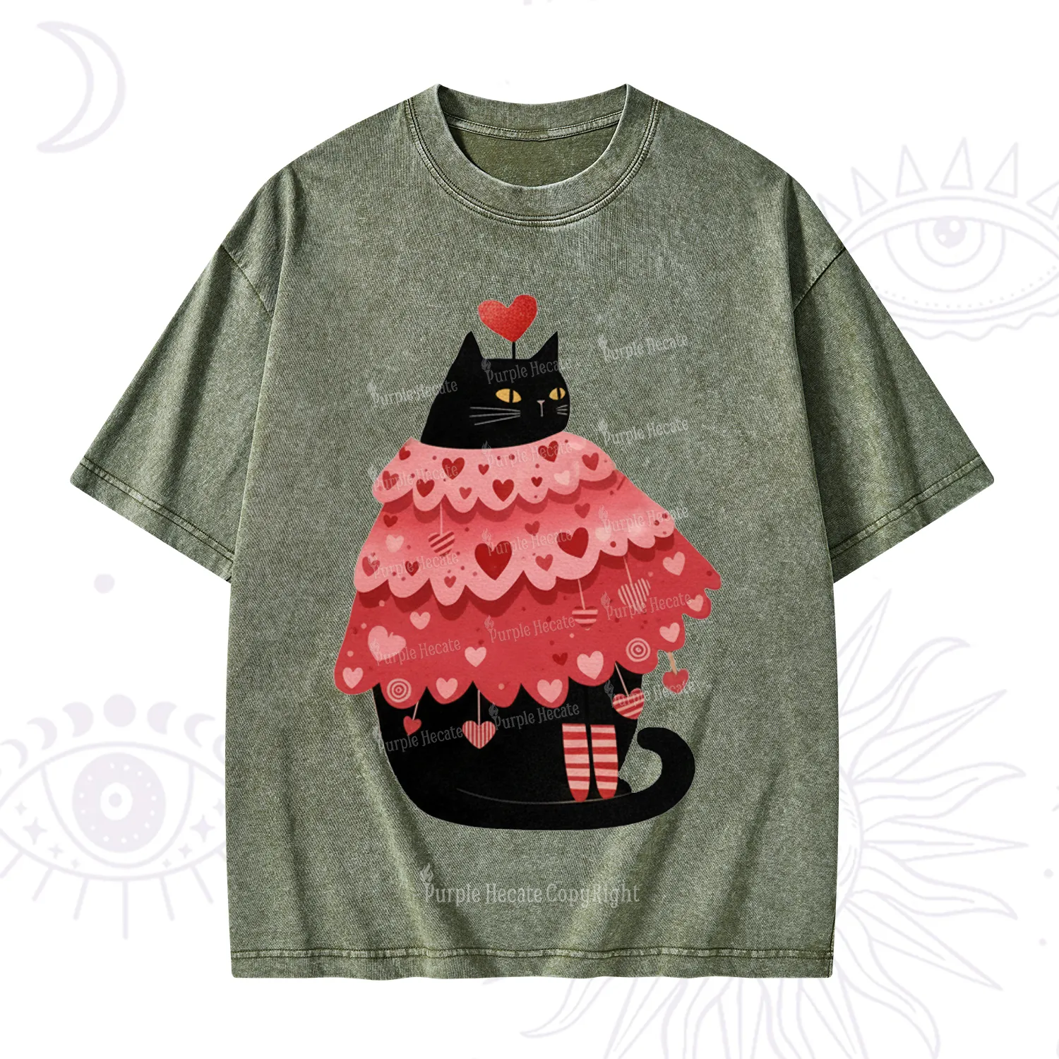Purplehecate Funny Black Cat in Heart Dress Valentine Washed T-Shirt