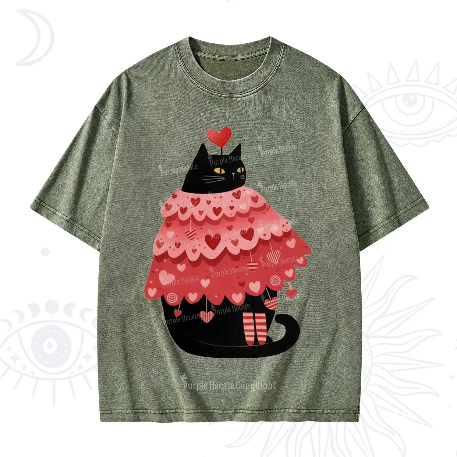 Purplehecate Funny Black Cat in Heart Dress Valentine Washed T-Shirt