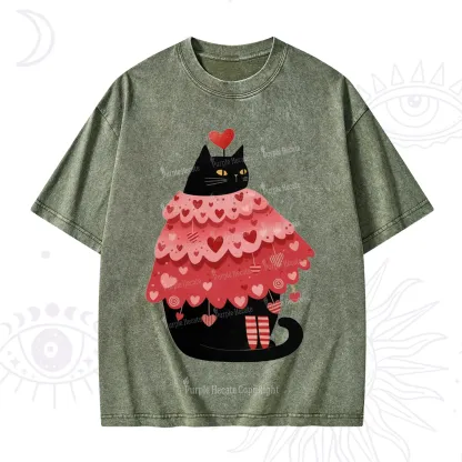 Purplehecate Funny Black Cat in Heart Dress Valentine Washed T-Shirt
