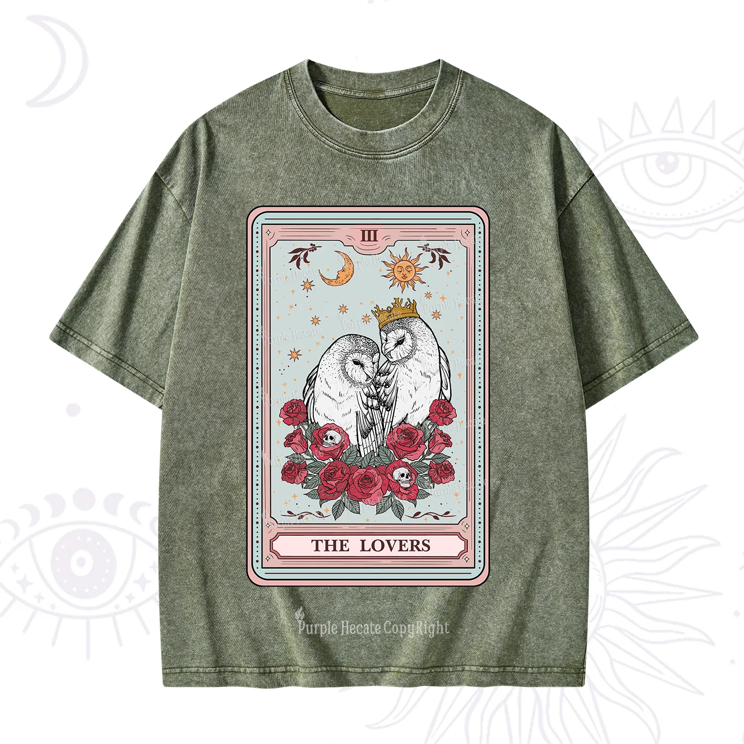 Purplehecate The Lovers Owls Tarot Card Washed T-Shirt