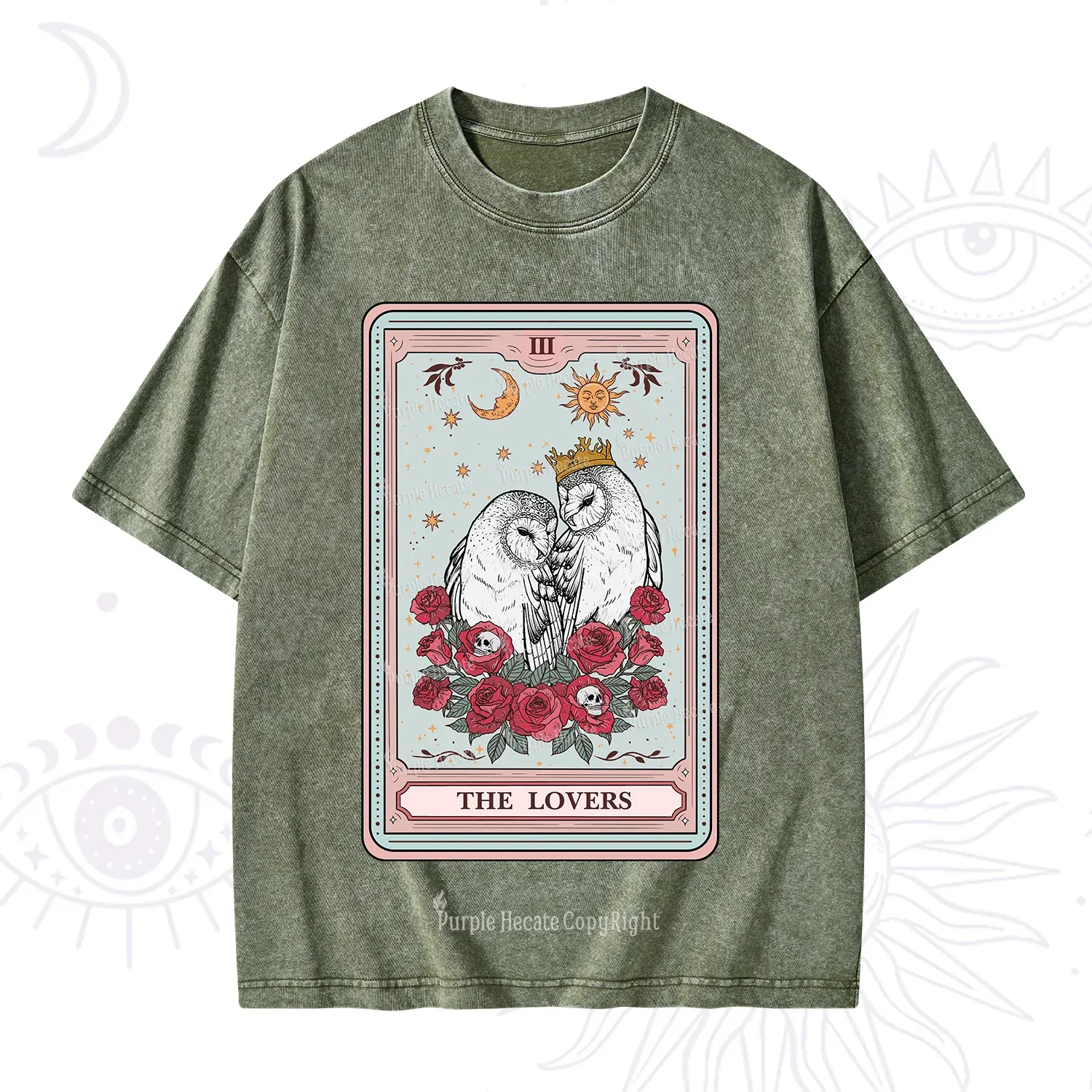 Purplehecate The Lovers Owls Tarot Card Washed T-Shirt