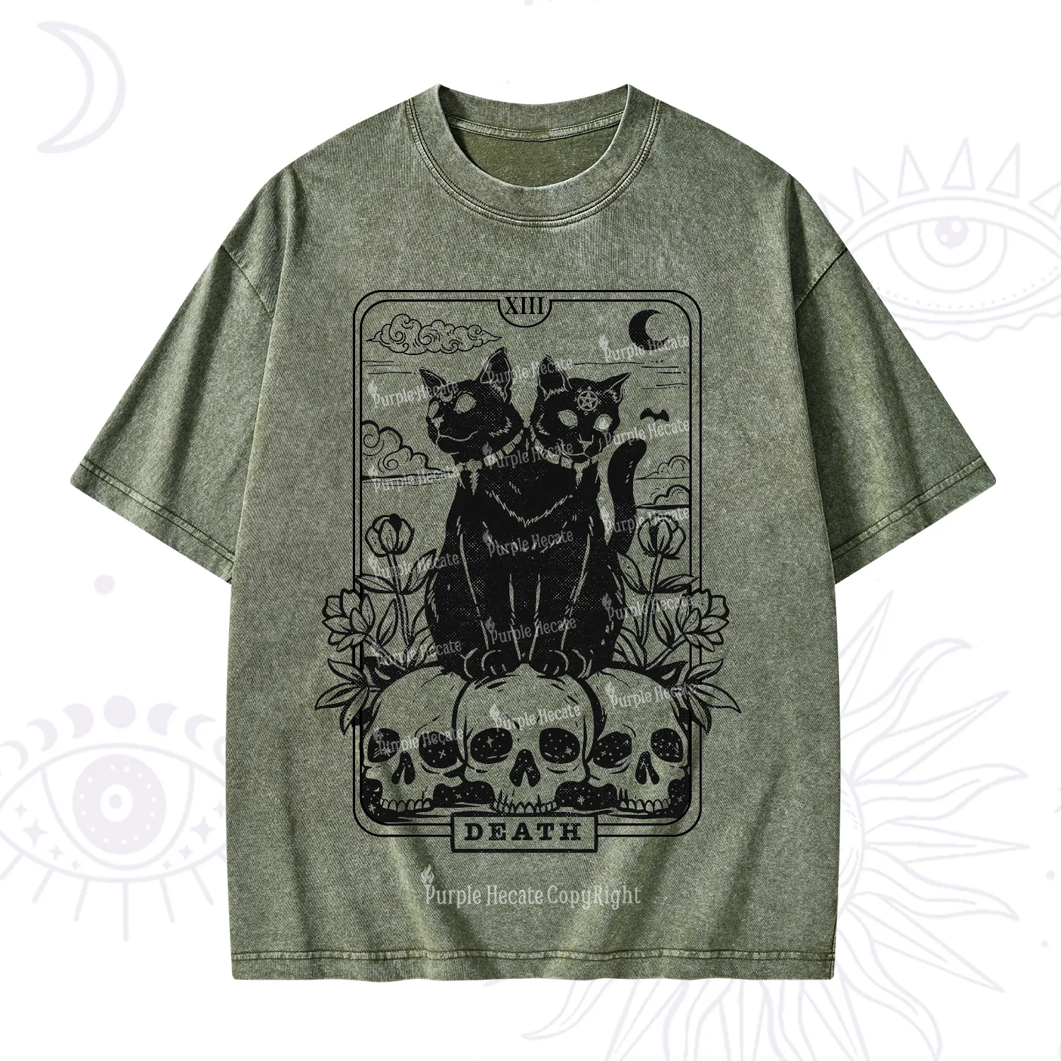 Purplehecate The Black Cat Death Tarot Card Washed T-Shirt