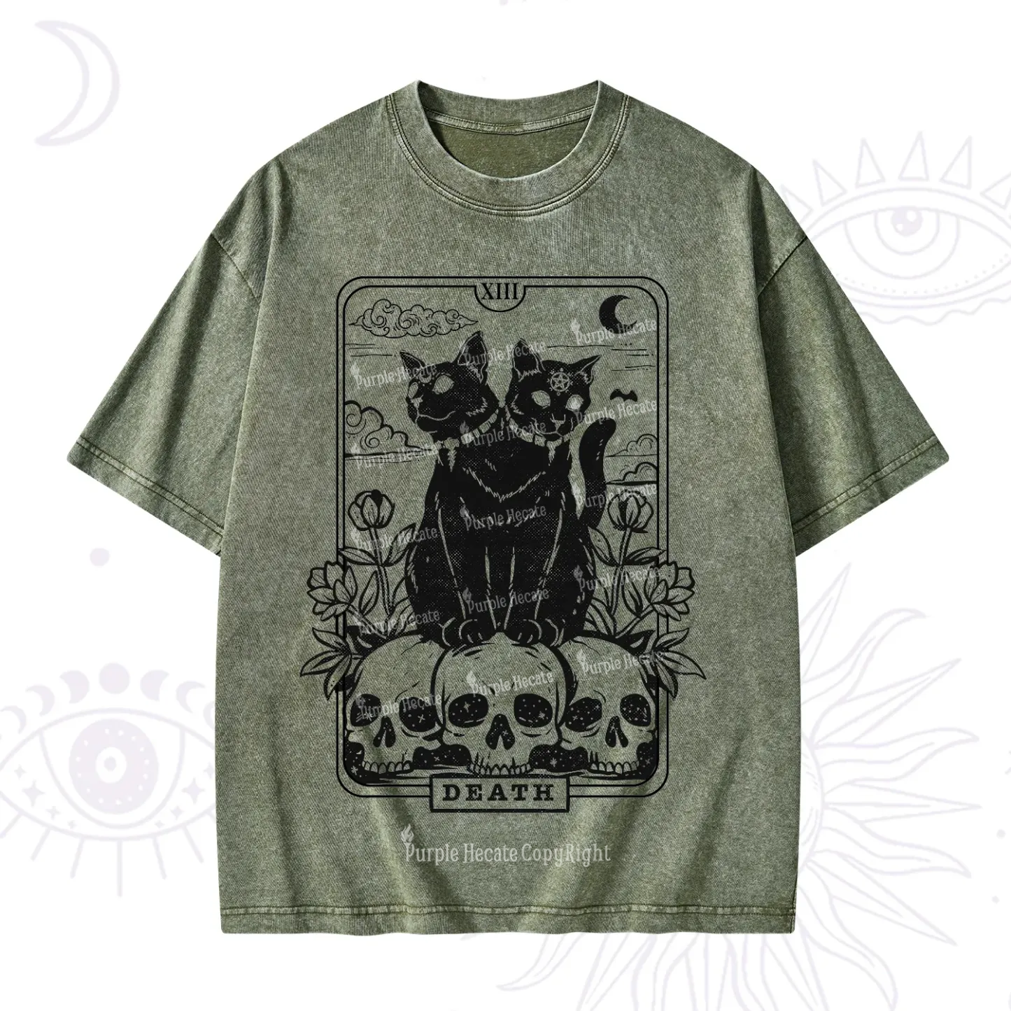 Purplehecate The Black Cat Death Tarot Card Washed T-Shirt