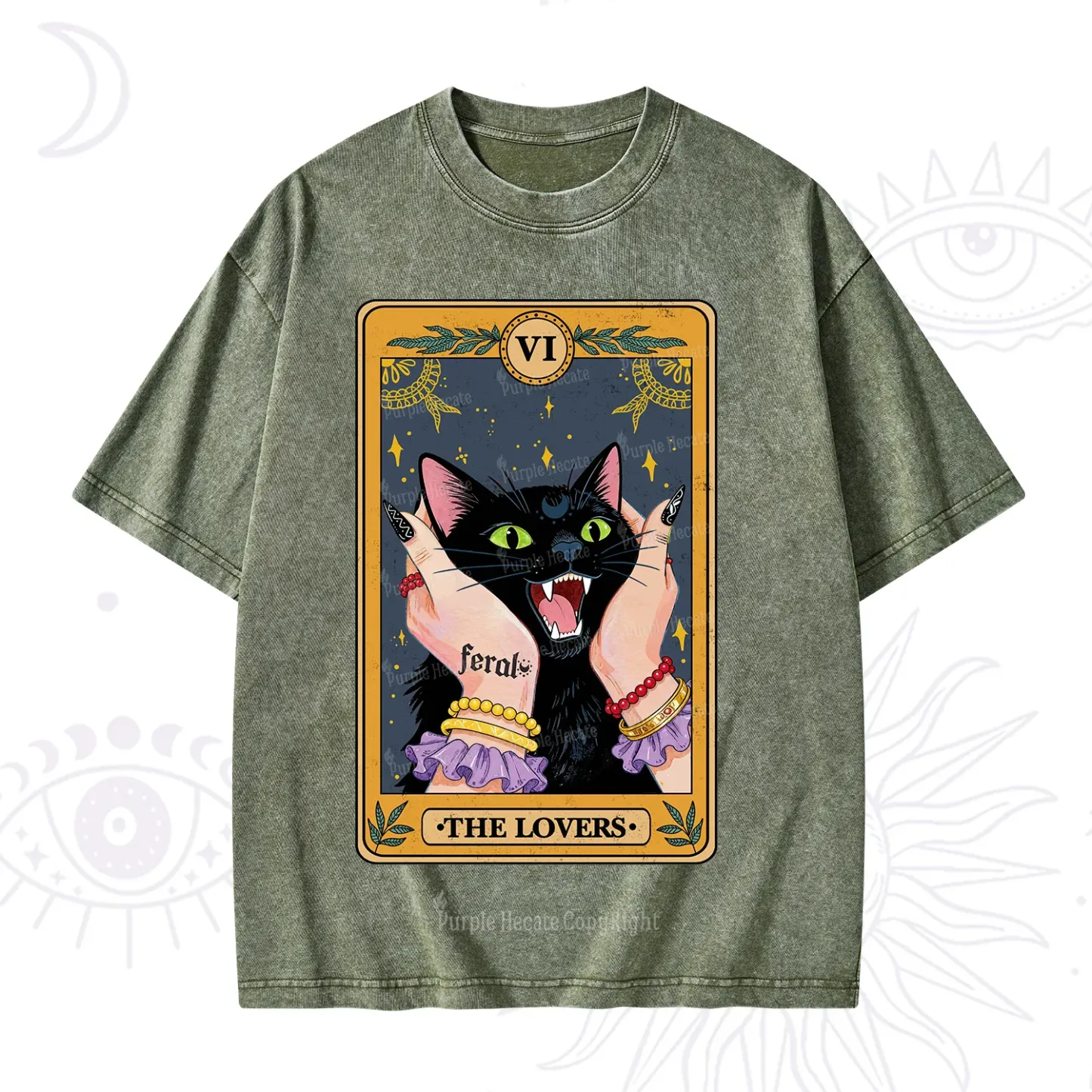 Purplehecate The Lovers Tarot Feral Cat Washed T-Shirt