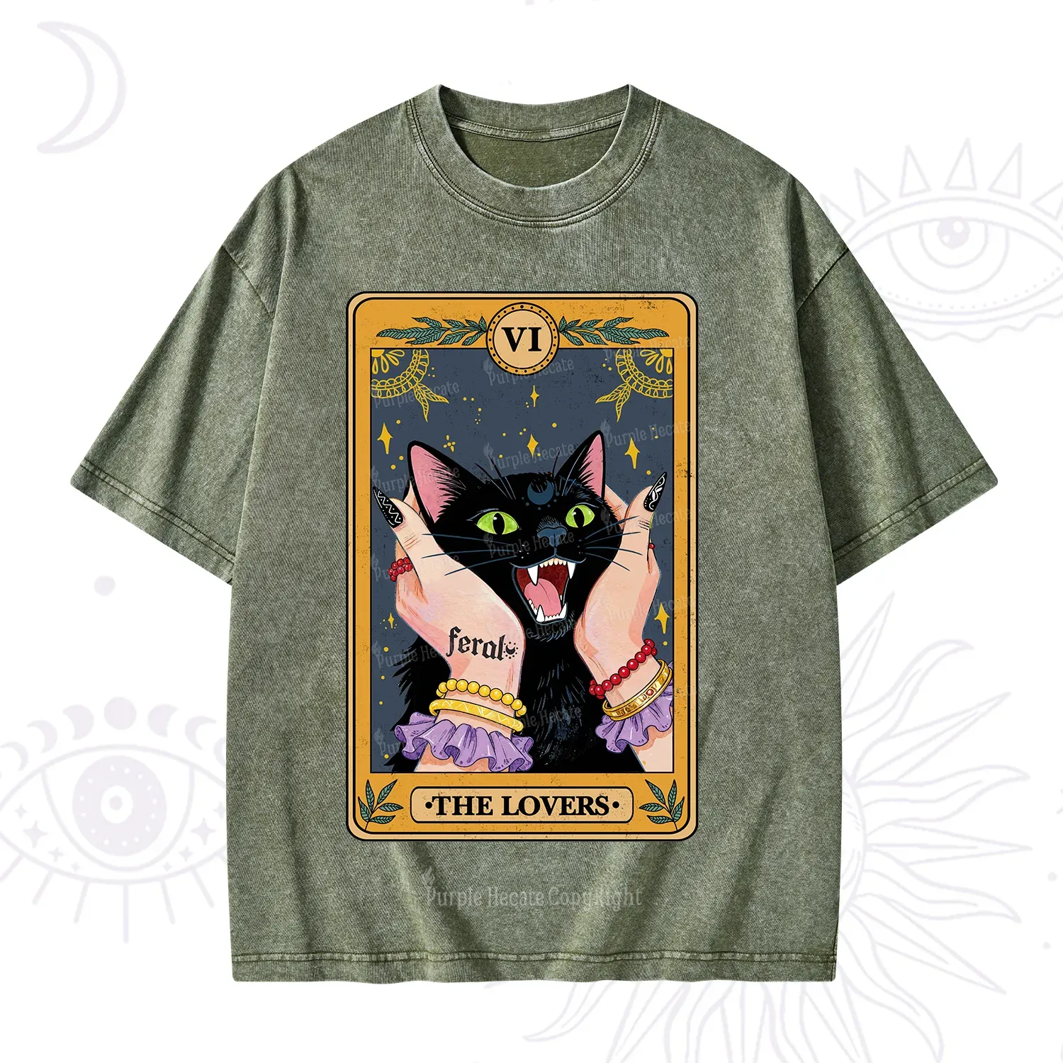 Purplehecate The Lovers Tarot Feral Cat Washed T-Shirt