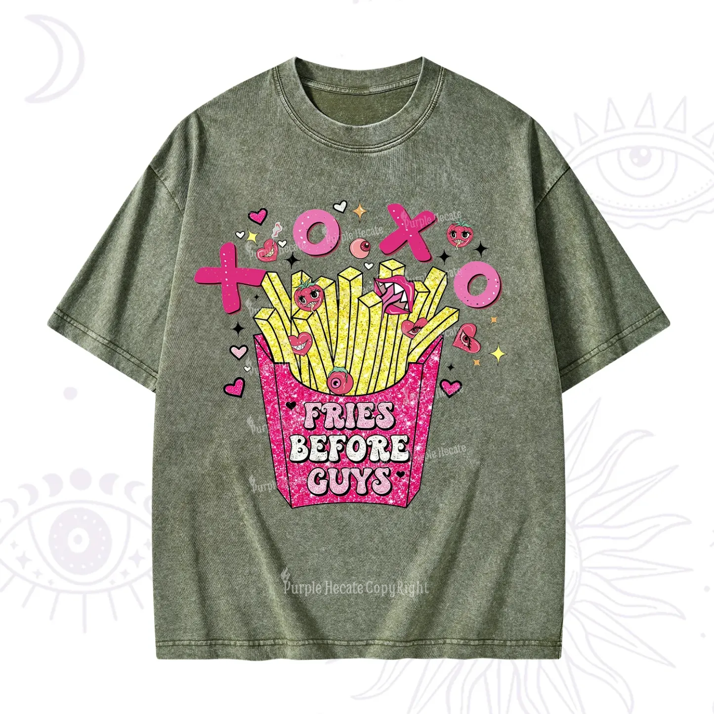 Purplehecate Fries Before Guys Valentine Washed T-Shirt