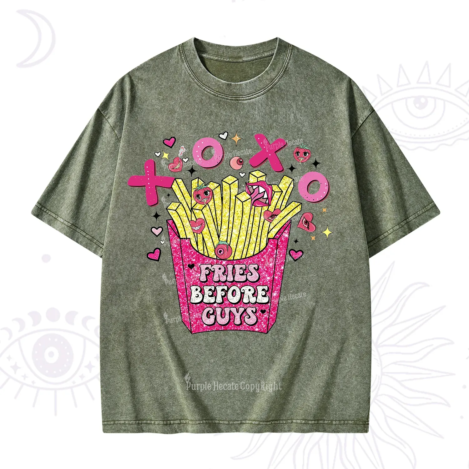 Purplehecate Fries Before Guys Valentine Washed T-Shirt