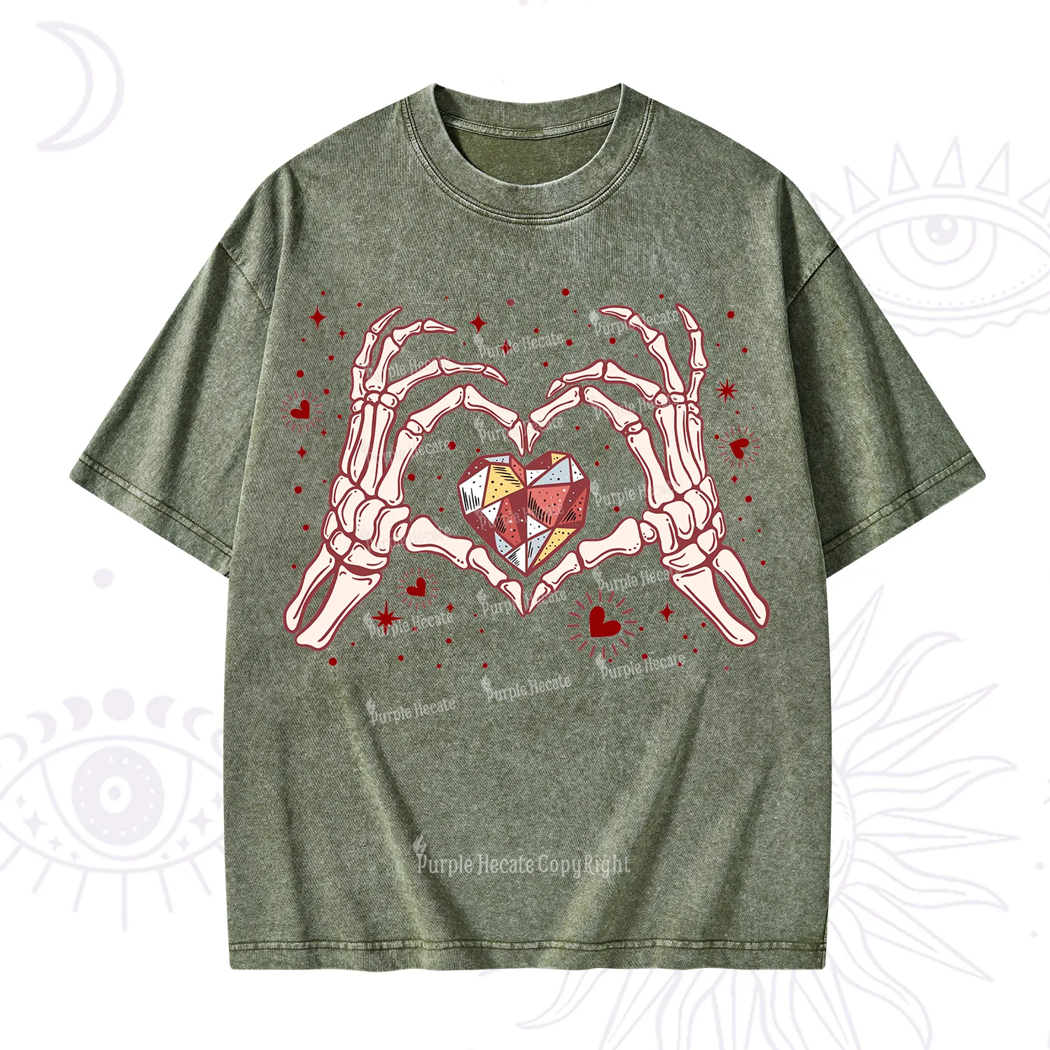 Purplehecate Skeleton Love Hands Valentine Washed T-Shirt