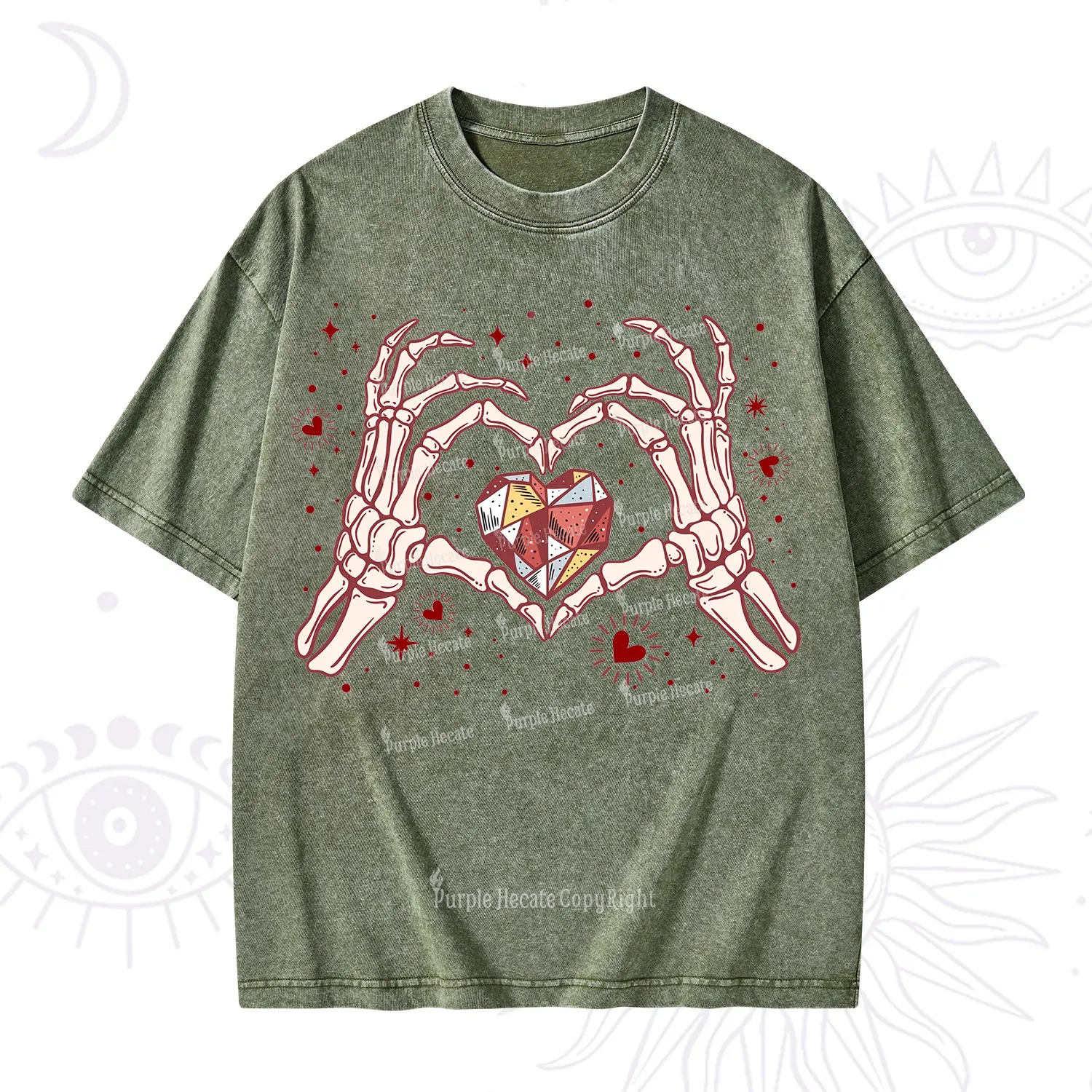 Purplehecate Skeleton Love Hands Valentine Washed T-Shirt