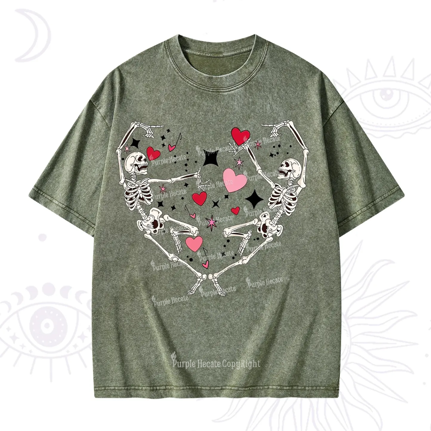 Purplehecate Skeleton Heart Lovers Valentine Washed T-Shirt