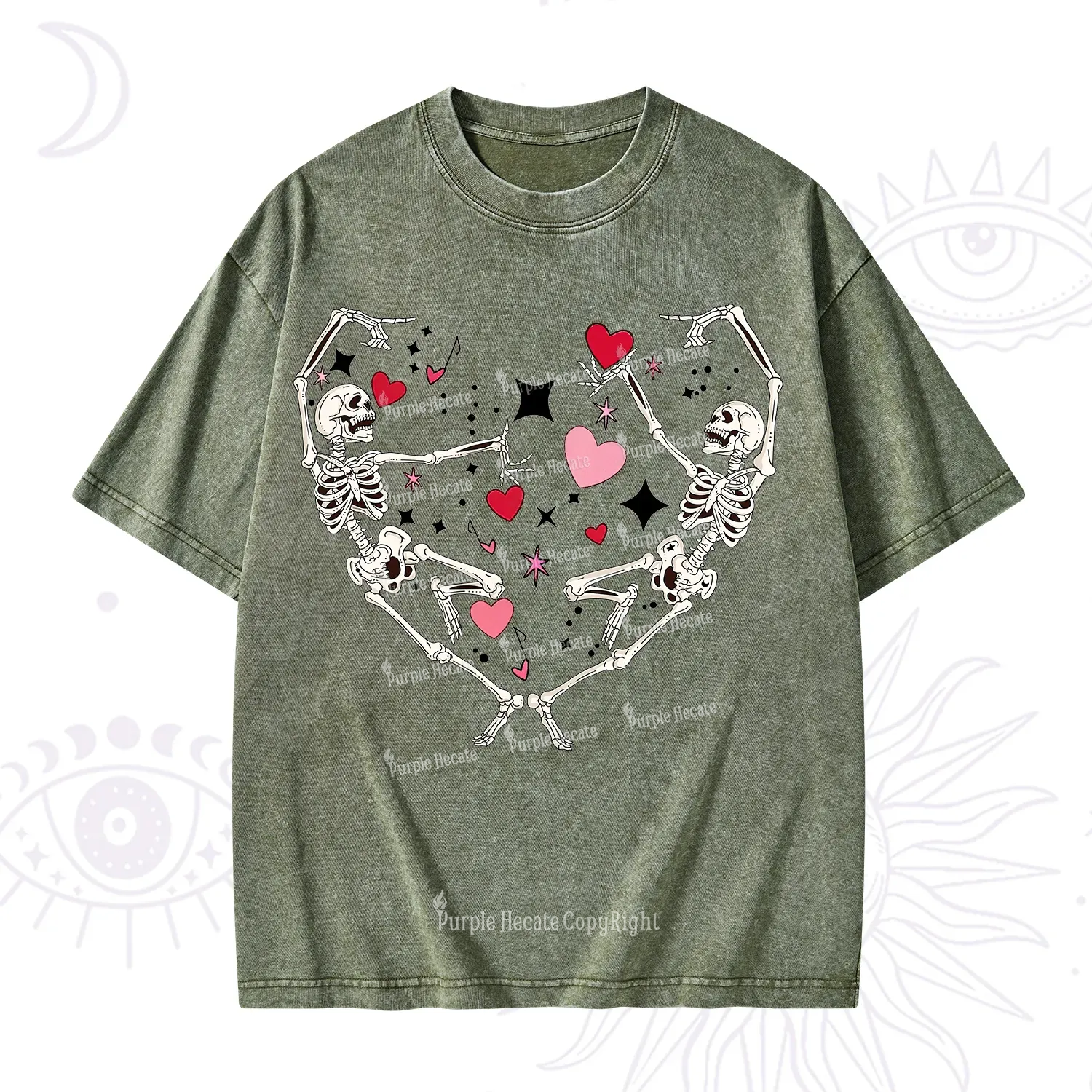 Purplehecate Skeleton Heart Lovers Valentine Washed T-Shirt