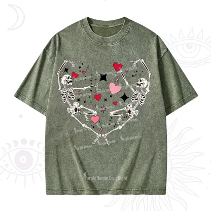 Purplehecate Skeleton Heart Lovers Valentine Washed T-Shirt