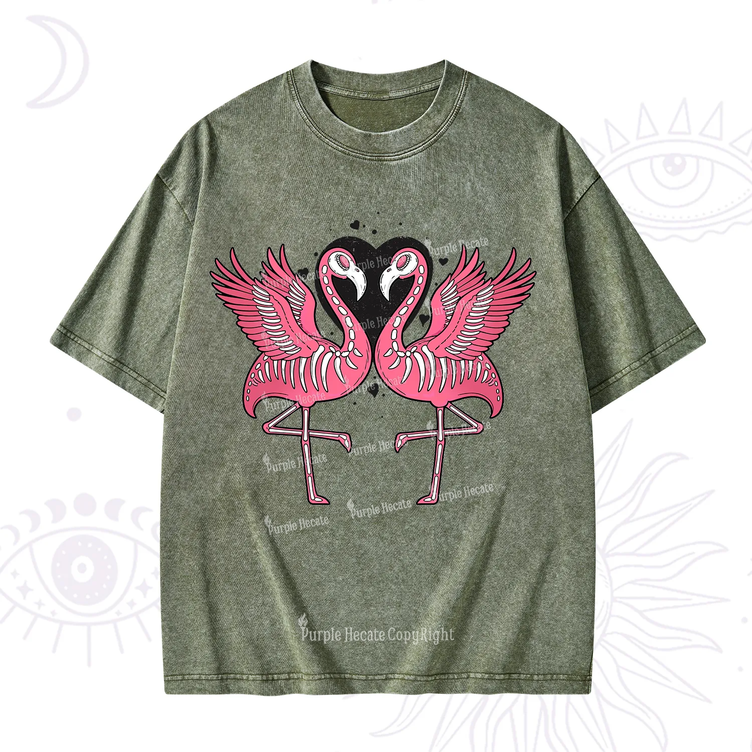 Purplehecate Witchy Pink Flamingo Skull Valentine Washed T-Shirt