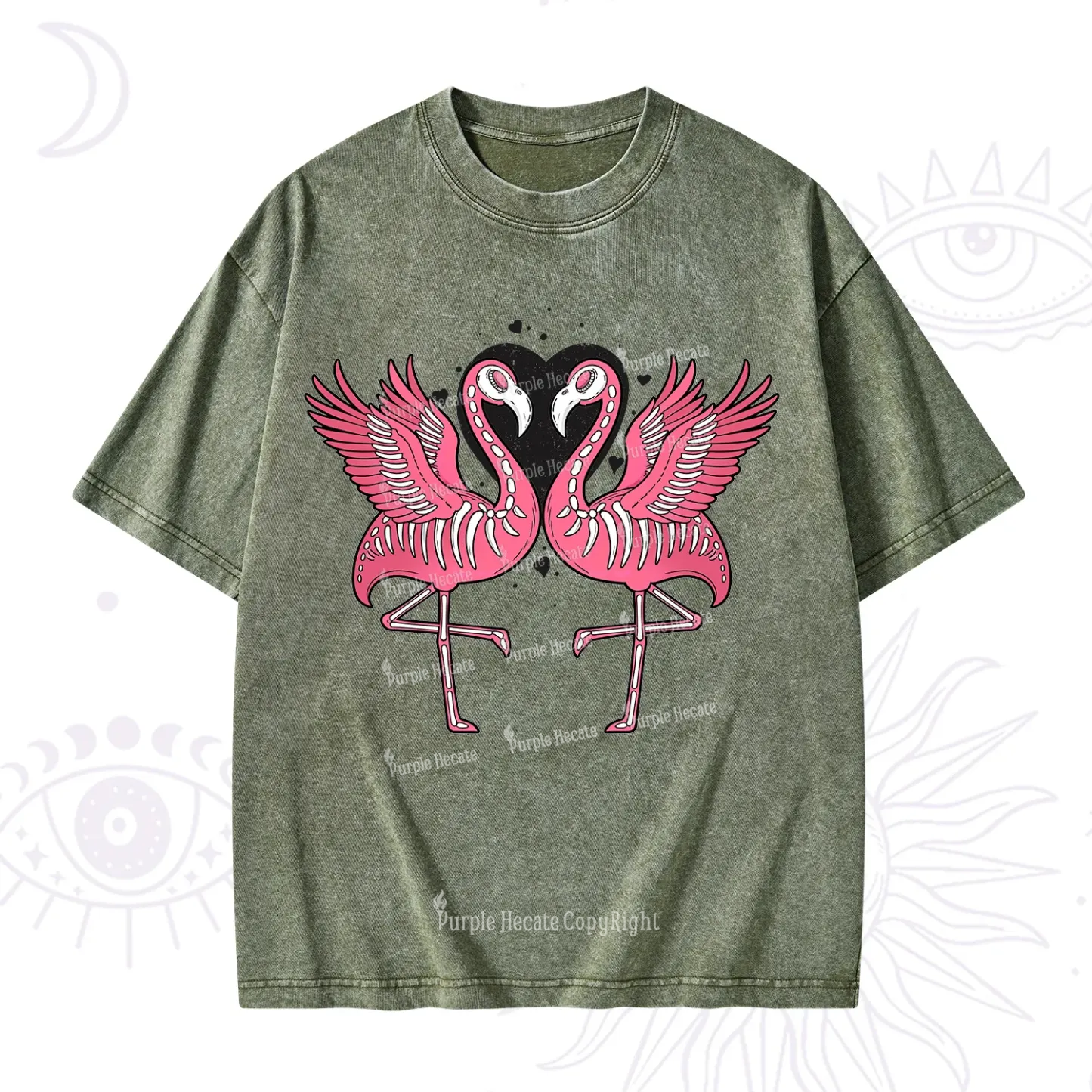 Purplehecate Witchy Pink Flamingo Skull Valentine Washed T-Shirt