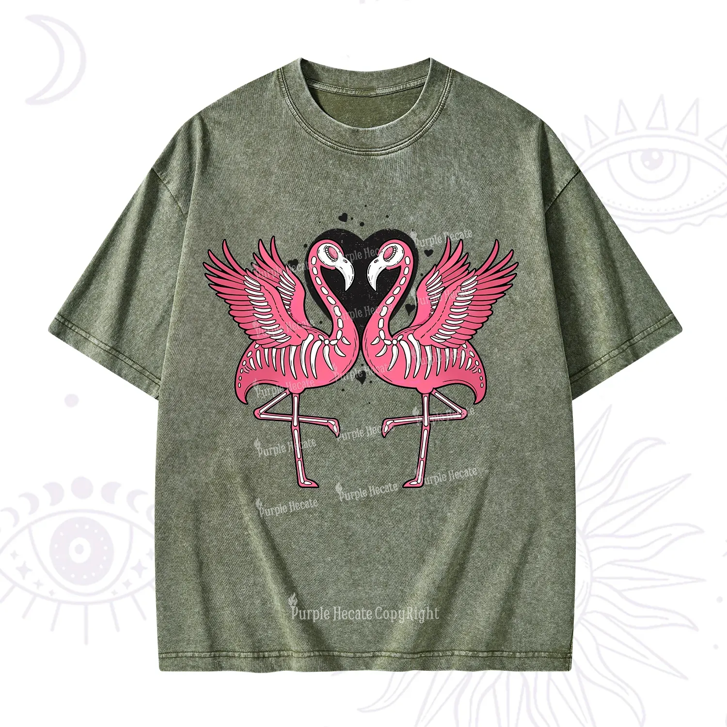 Purplehecate Witchy Pink Flamingo Skull Valentine Washed T-Shirt