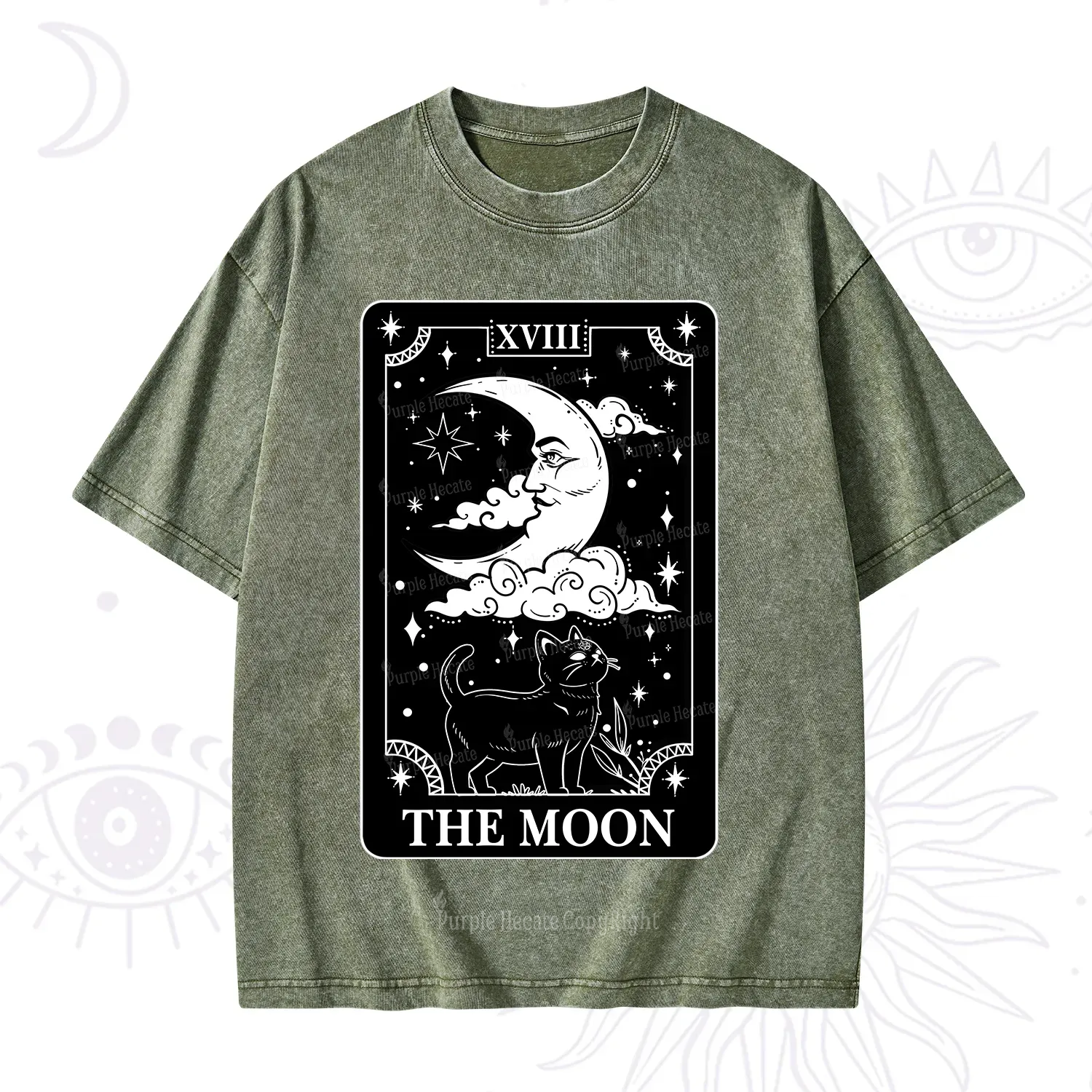 Purplehecate The Moon Tarot Card Cat Washed T-Shirt