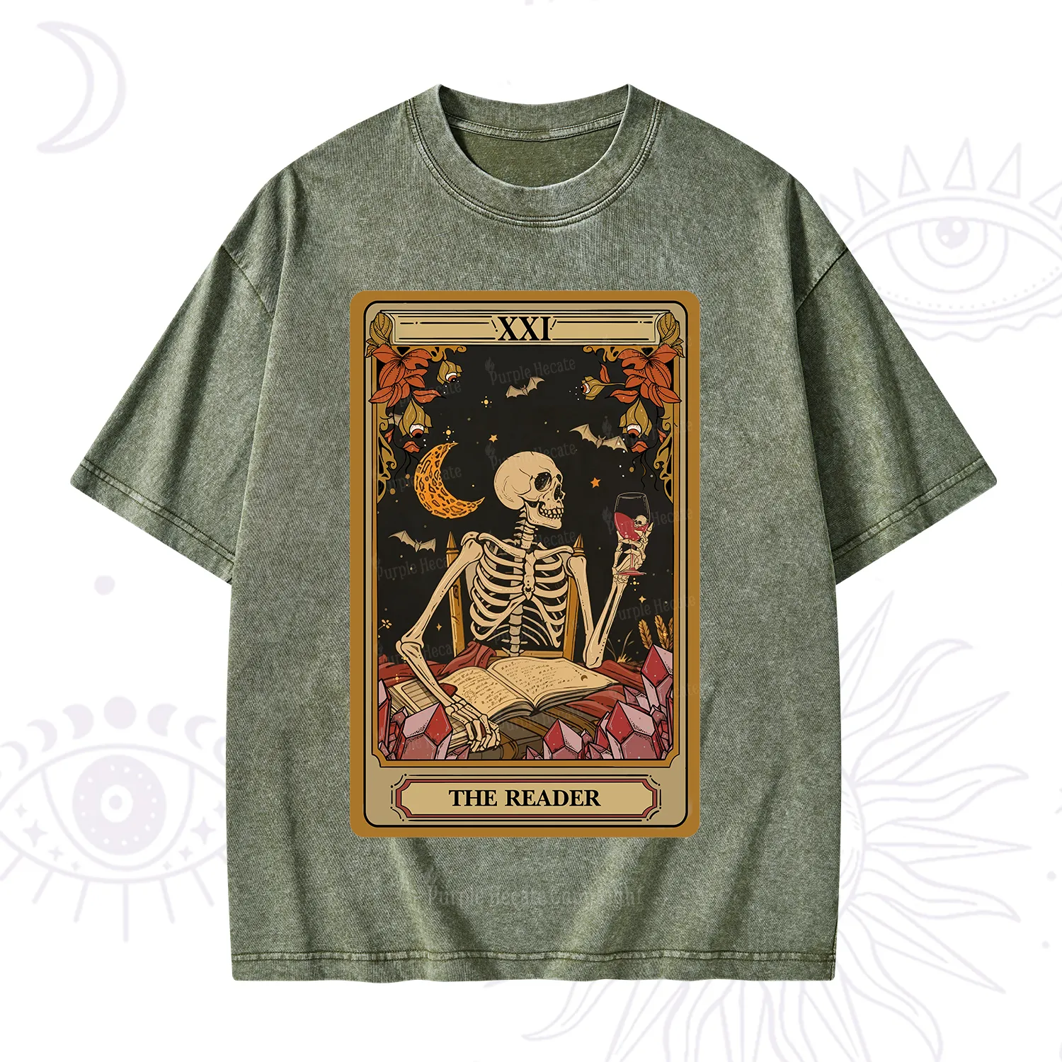 Purplehecate The Reader Tarot Skeleton Washed T-Shirt