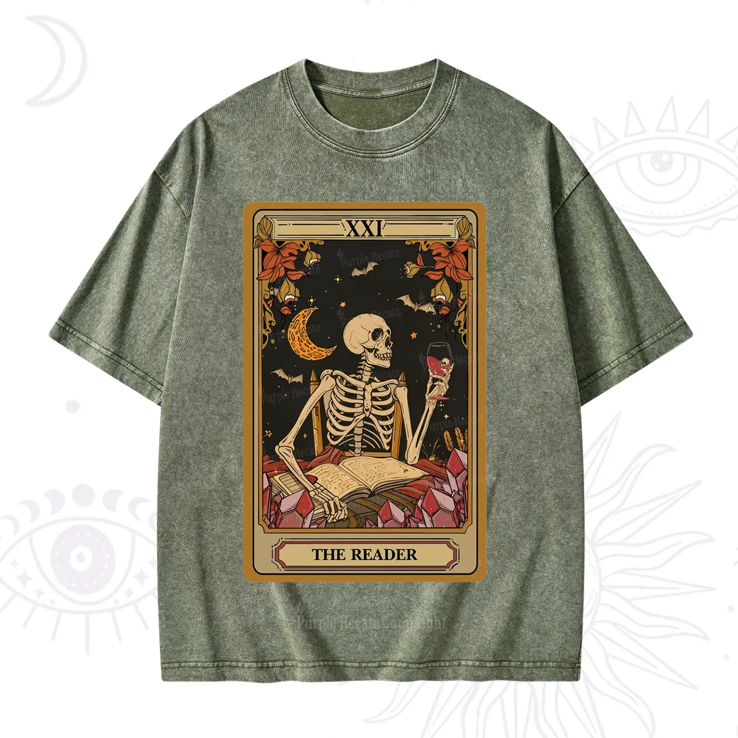 Purplehecate The Reader Tarot Skeleton Washed T-Shirt