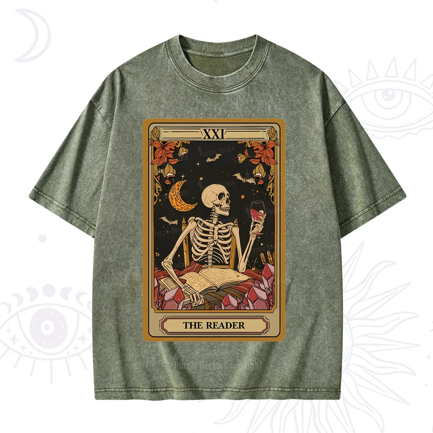 Purplehecate The Reader Tarot Skeleton Washed T-Shirt