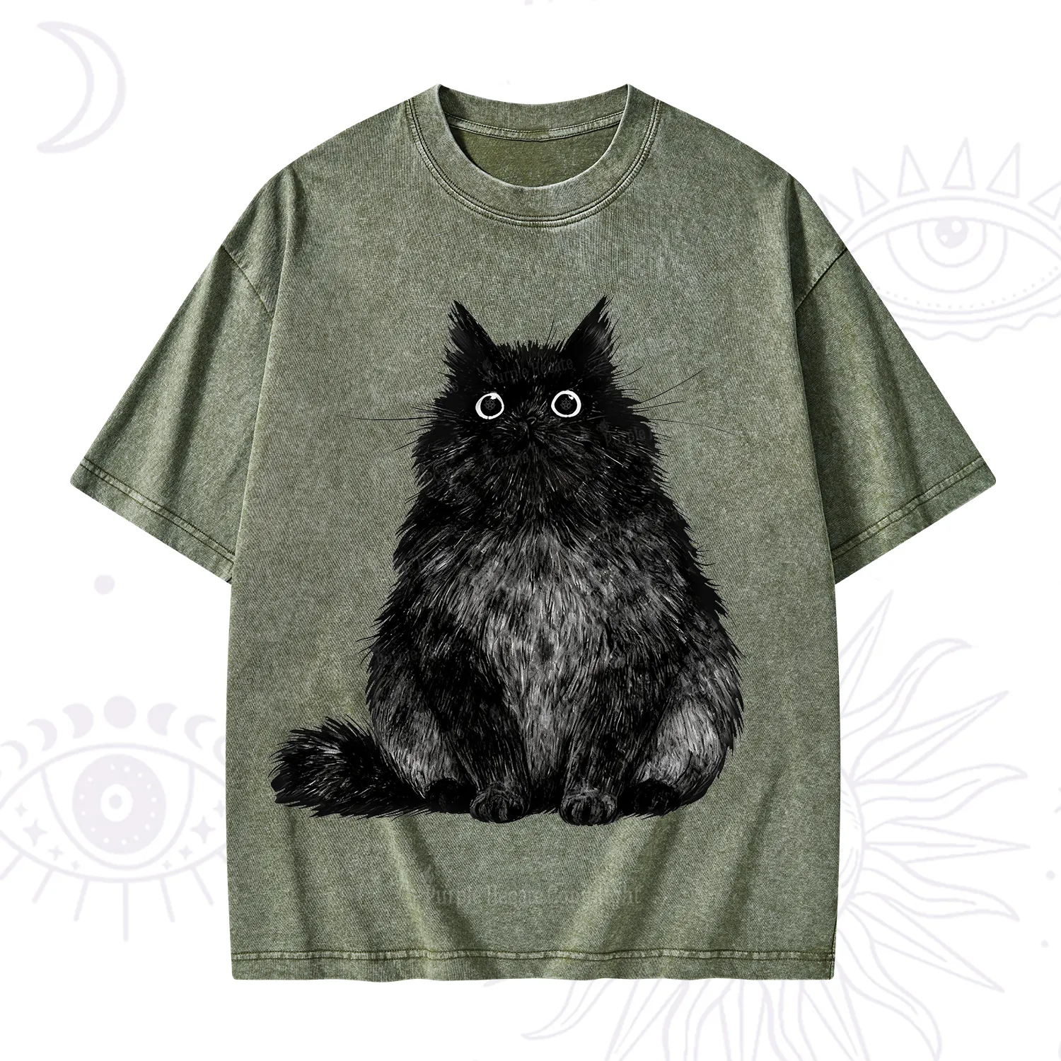 Purplehecate Cute Black Fluffy Cat Washed T-Shirt