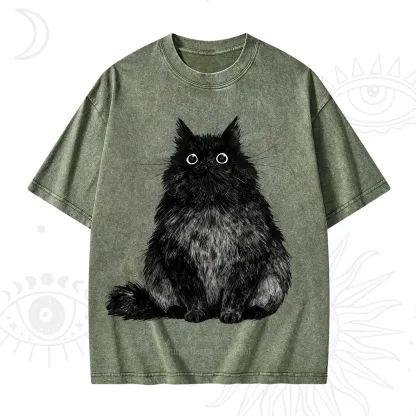 Purplehecate Cute Black Fluffy Cat Washed T-Shirt