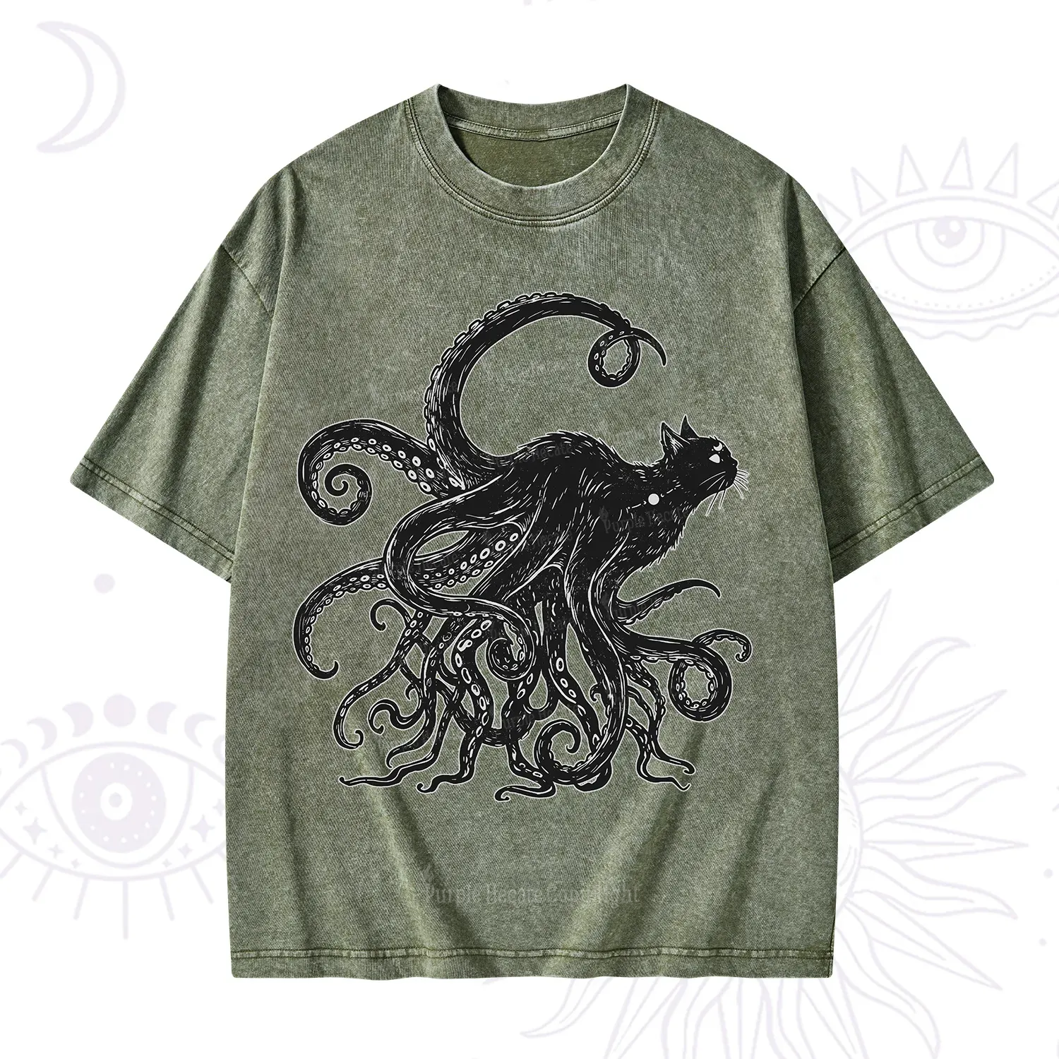 Purplehecate Black Cat with Octopus Tentacles Washed T-Shirt