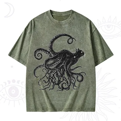 Purplehecate Black Cat with Octopus Tentacles Washed T-Shirt