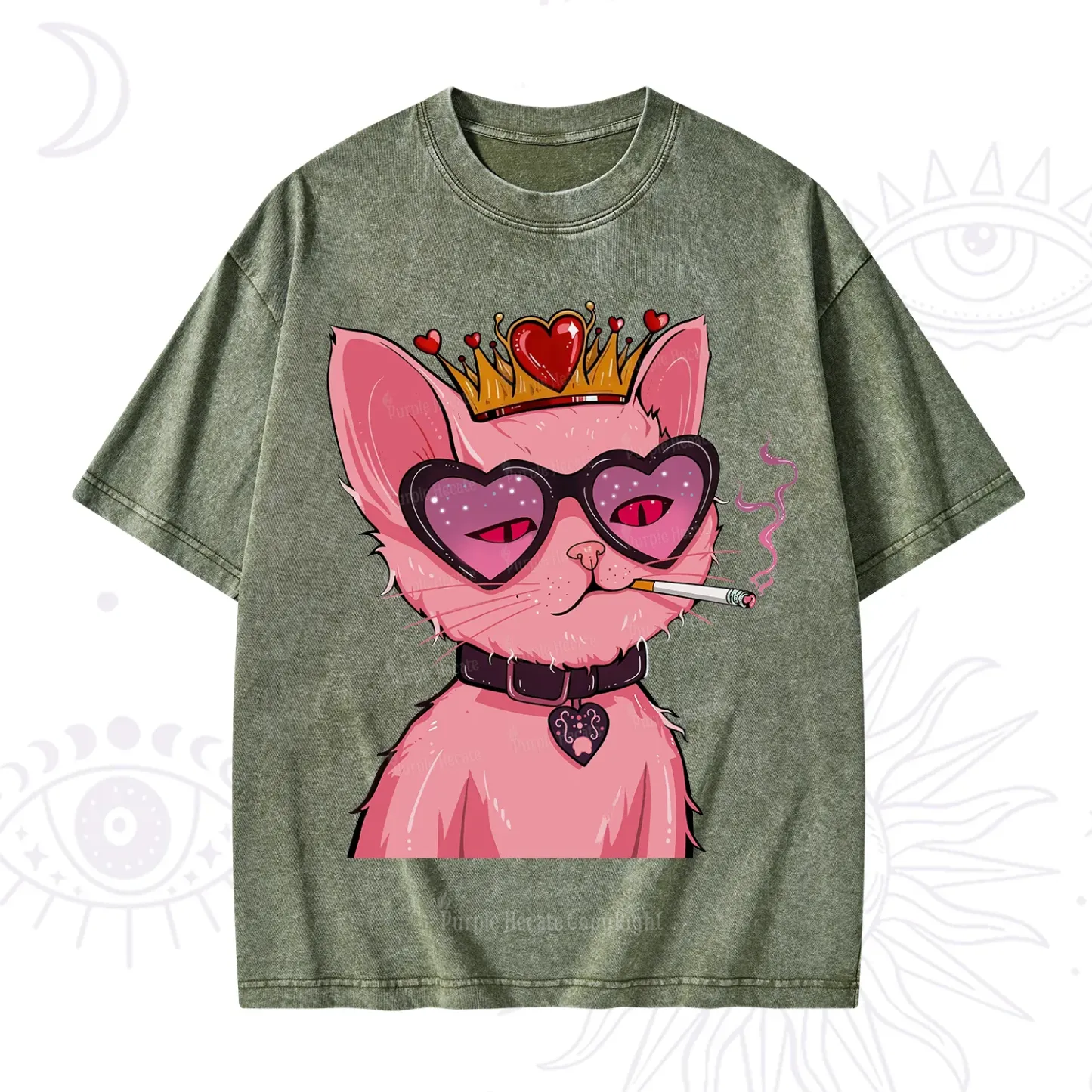 Purplehecate Bad Attitude Pink Cat Smoking Queen Washed T-Shirt