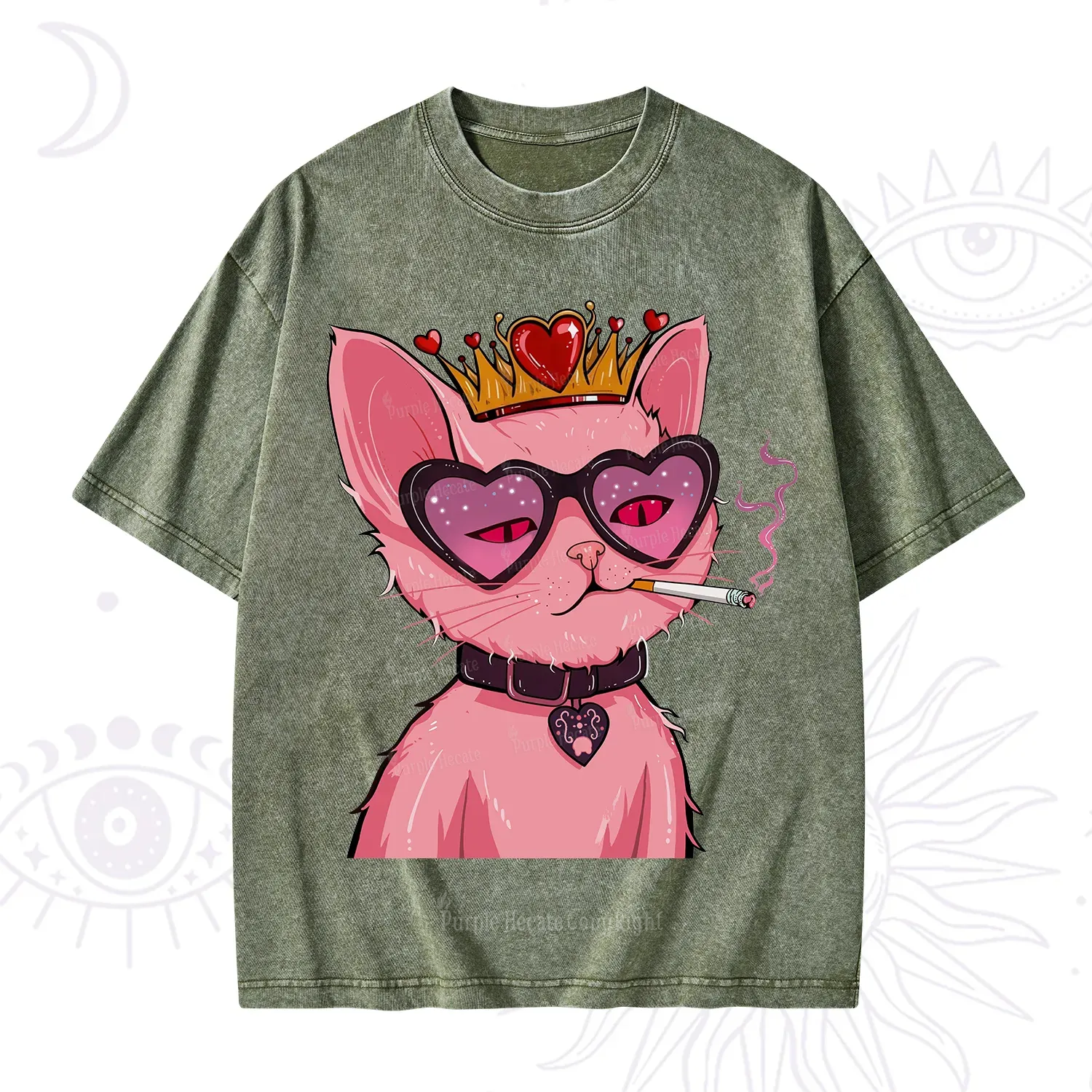 Purplehecate Bad Attitude Pink Cat Smoking Queen Washed T-Shirt