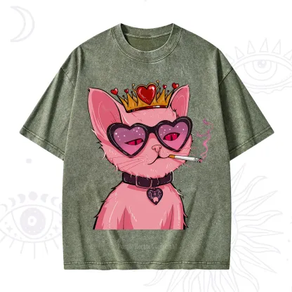 Purplehecate Bad Attitude Pink Cat Smoking Queen Washed T-Shirt