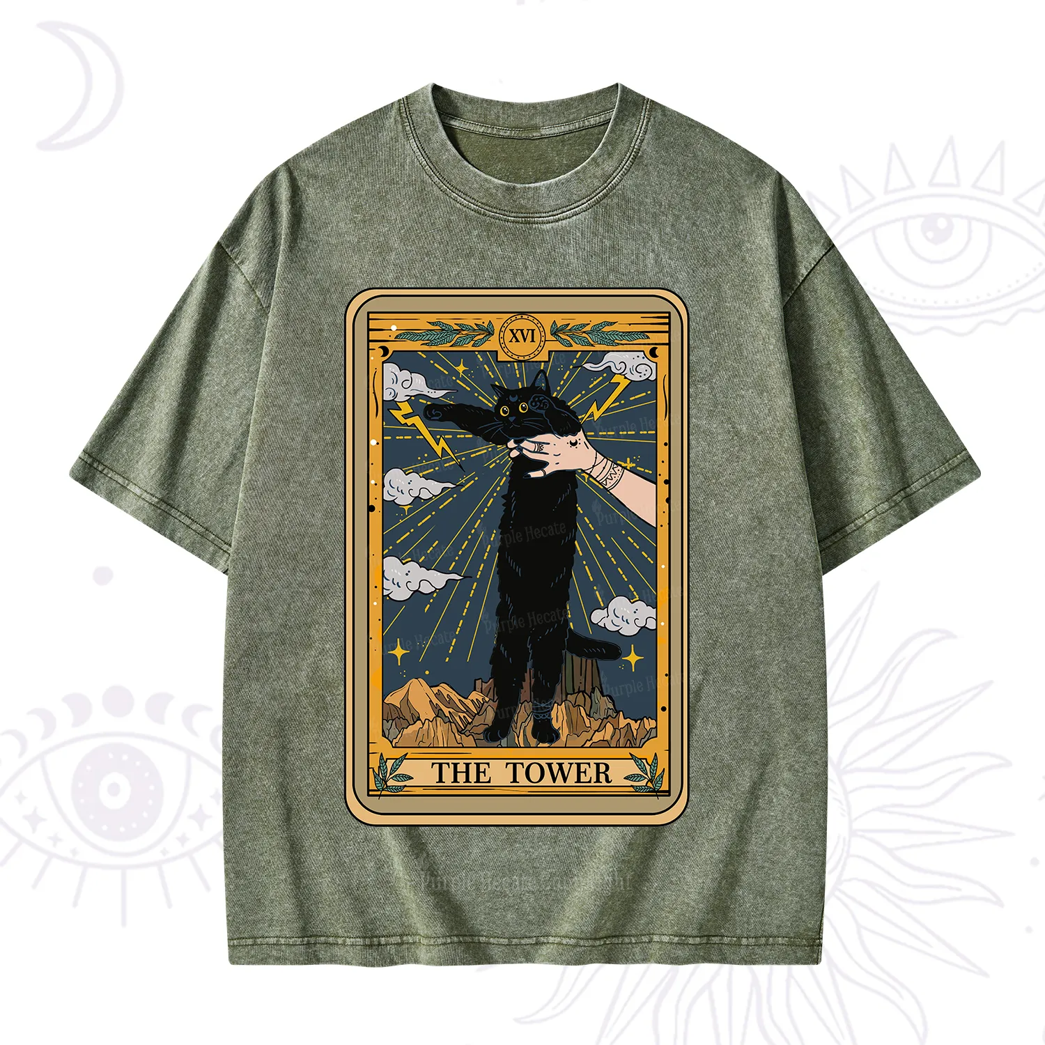 Purplehecate The Tower Cats Tarot Washed T-Shirt