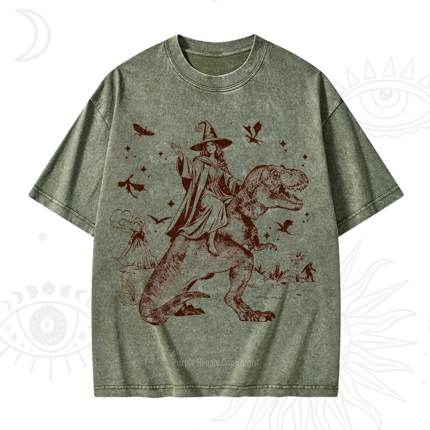 Purplehecate Witch Riding Dino Washed T-Shirt