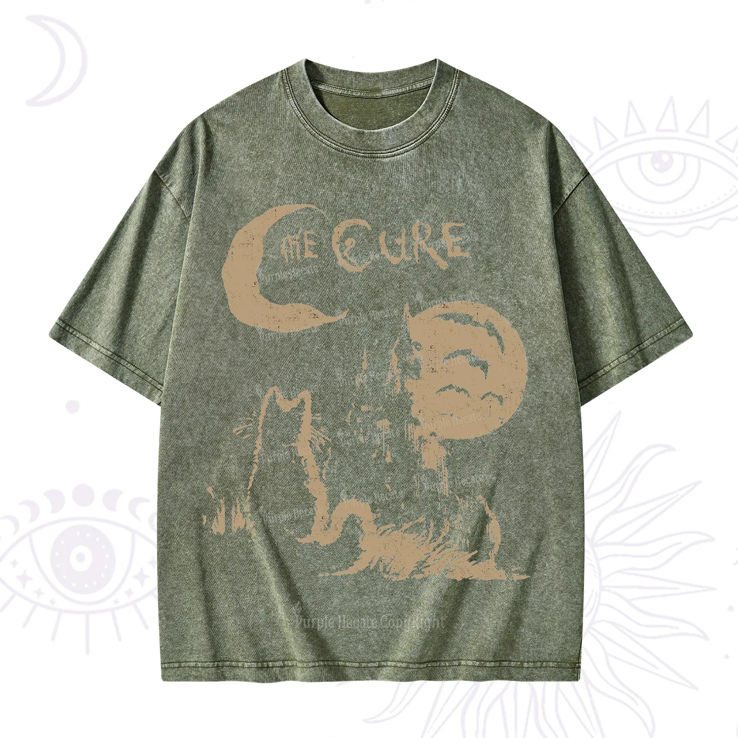 Purplehecate Goth Moon Cat Post-Punk Washed T-Shirt