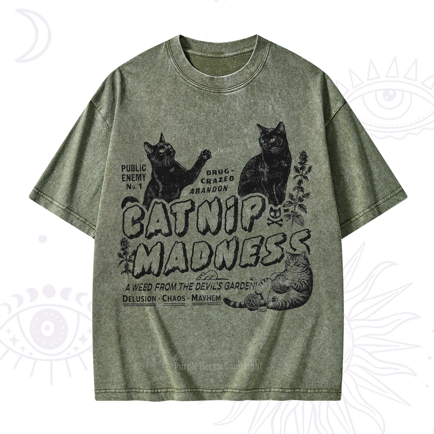 Purplehecate Catnip Madness Cute Cat Washed T-Shirt